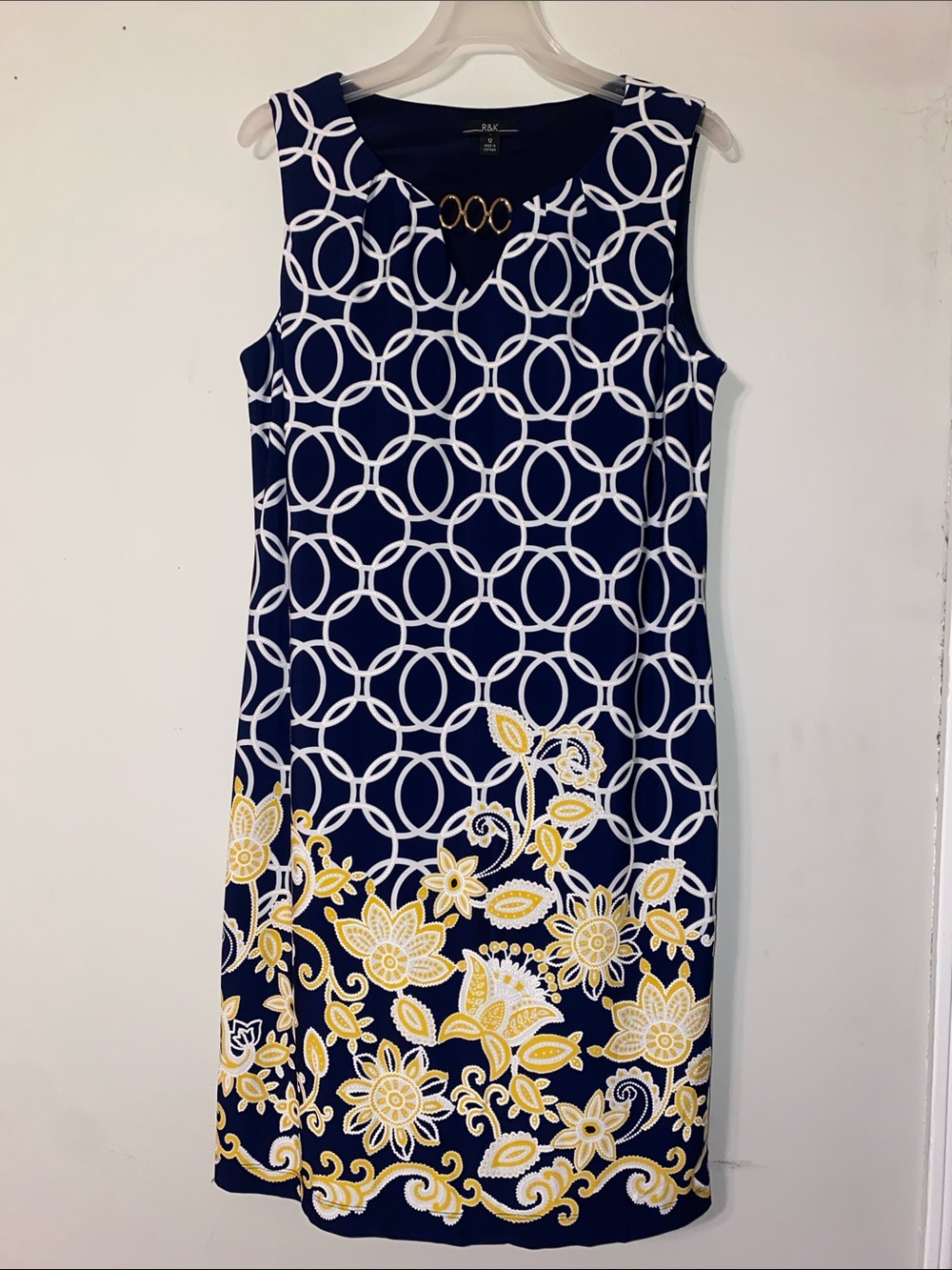 R&K Navy Midi Dress with White Ring Pattern & Yellow Floral Border